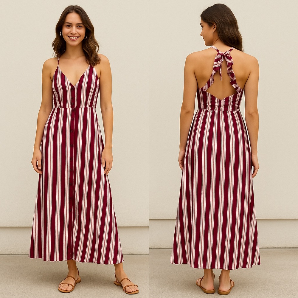HYFVE Burgundy and White Striped Maxi Dress